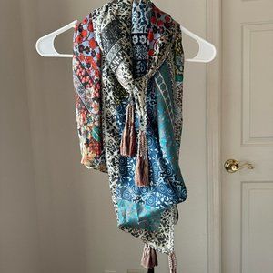 Johnny Was scarf. Perfect condition. 44”x44” Square w tassels. 100% silk.